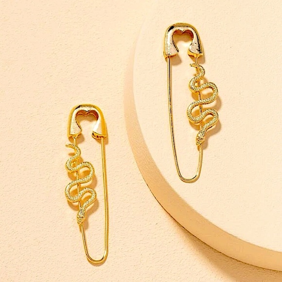 Gold Safety Pin Snake Earrings - Picture 6 of 10